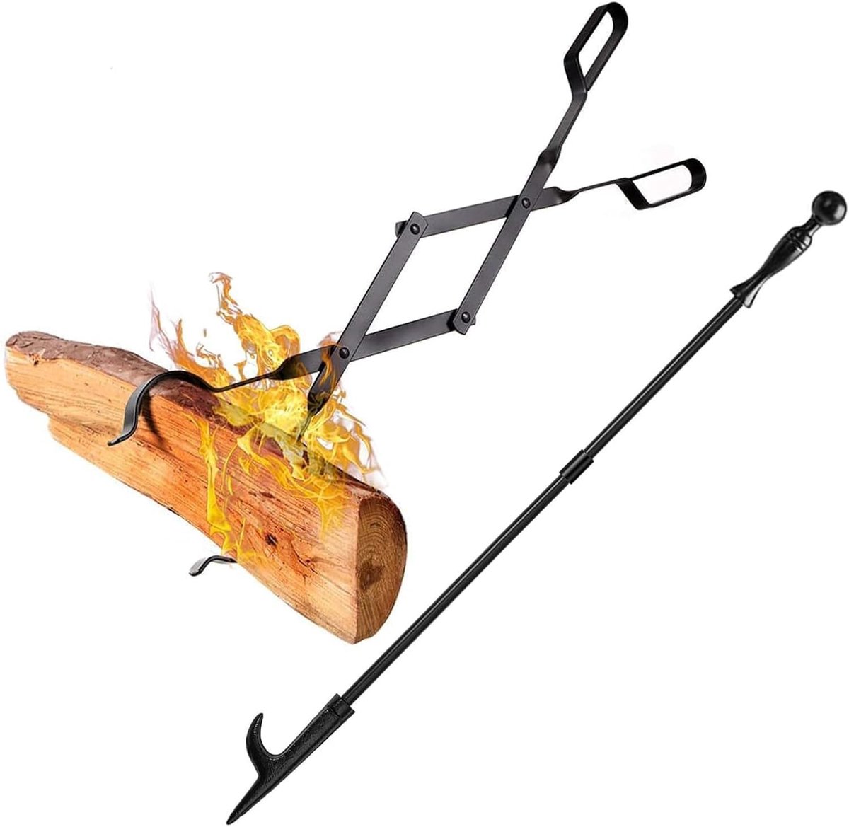 Haardset - Zwart - 66 cm - Stalen haardhouttang met poedercoating - Voor binnen en buiten