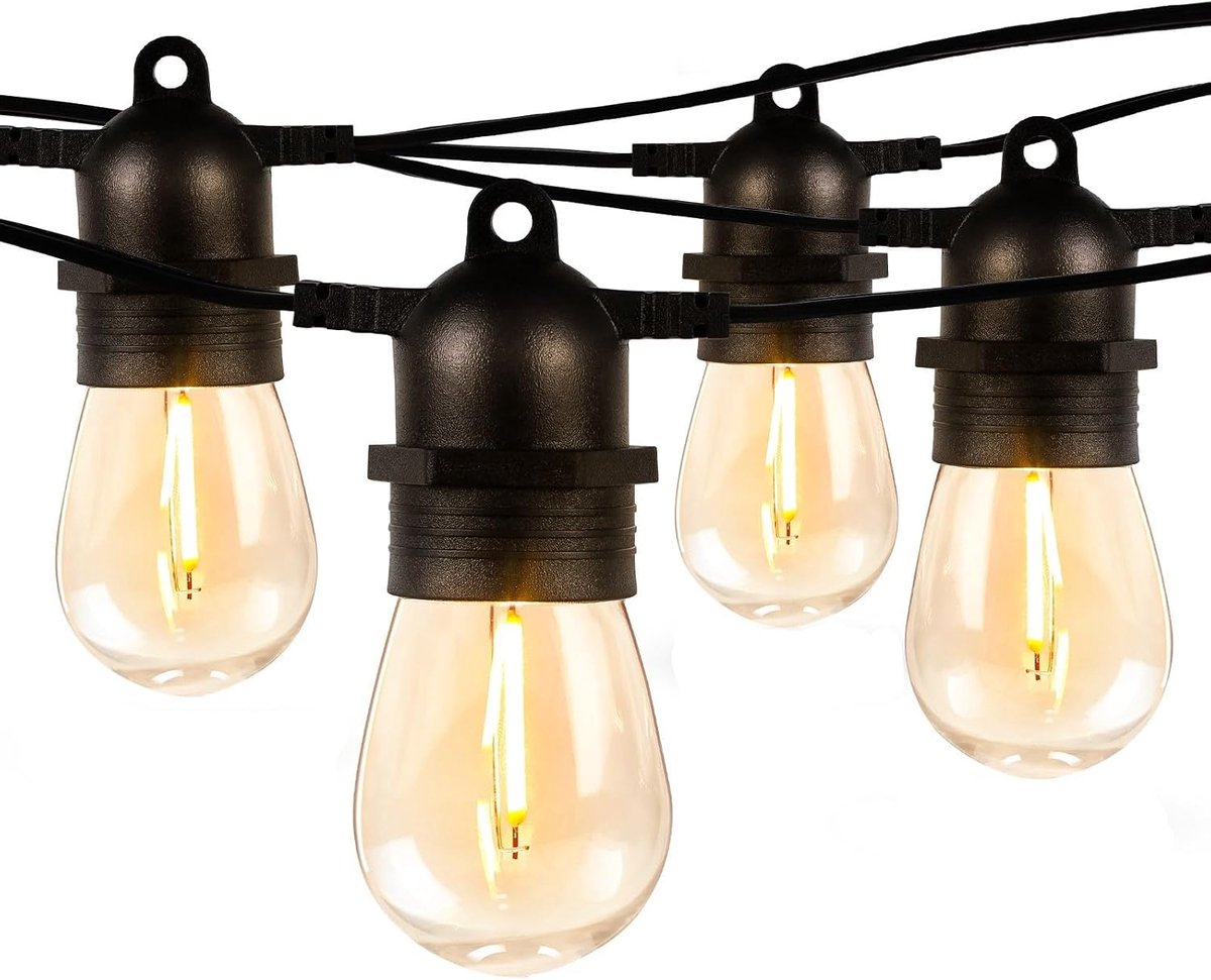 Lichtsnoer - S14 Buitenslingerlichten - 15 meter met 15 LED-lampen - E12 Fitting - 0,6W - Warm Wit - Waterdicht - Voor Halloween en Kerstmis - Zwart