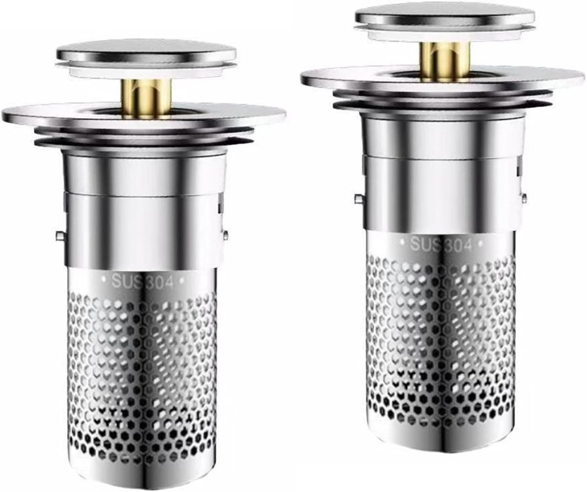 Set van 2 Wastafelstoppen voor 34-40 mm Afvoer, Universele Pop-Up Afvoerstop met Haarfilter, Snelle Afvoeroplossing voor Wastafels en Douches