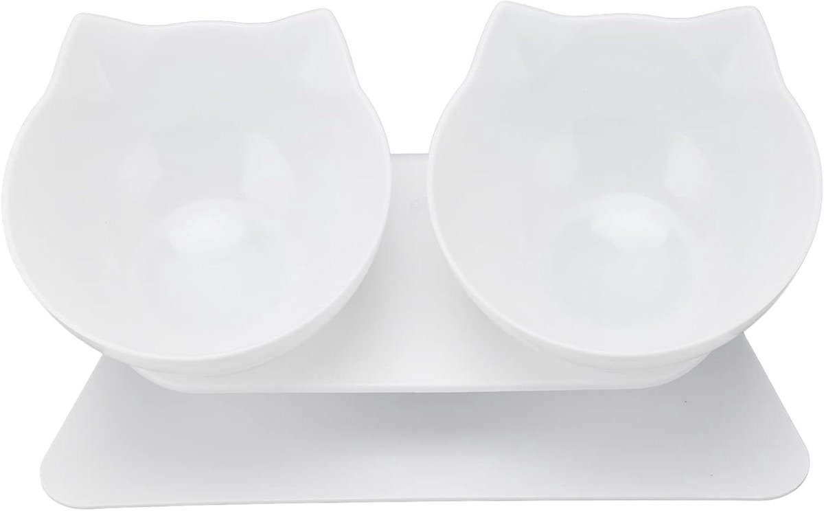 Kat Dubbele Kom - Voerbak Huisdier - Comfortabel Eten - 15° Kantelontwerp - 31 x 17 x 11 cm - Wit