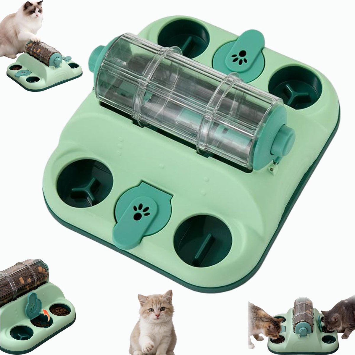 ZVD Interactieve snoepautomaat voor huisdieren - Voerbak voor katten - Trommelvoederbak - puzzel-eetbak voor honden en katten, stevig verrijkingsaccessoire - 1 stuk(groen)