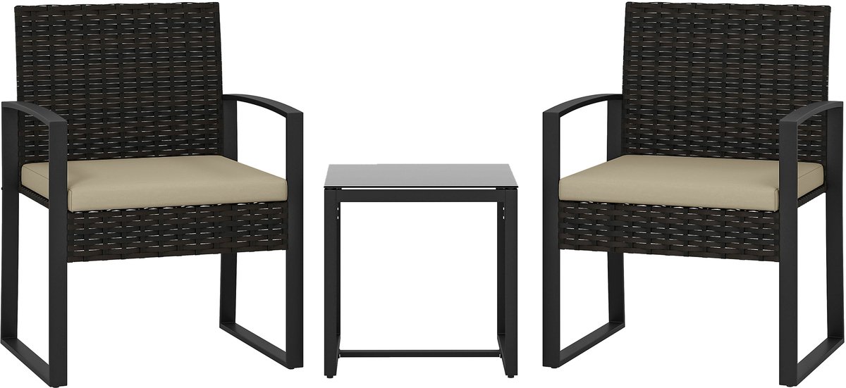 Tuinmeubel 3-delig - Tuinset van Rotan - Balkonset voor 2 Personen - Tuinmeubelset met 2 Stoelen + Tafel - Tafelblad van gehard glas - bruin