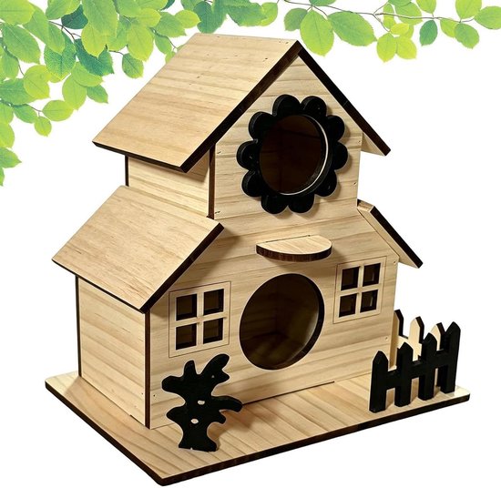 Vogelhuis Buiten - Vogelnestkastje Tuin - Natuurlijke Schuilplaats - Meerdere Invliegopeningen - 13.5D x 21.5B x 13.5H cm - Natuurlijk Hout