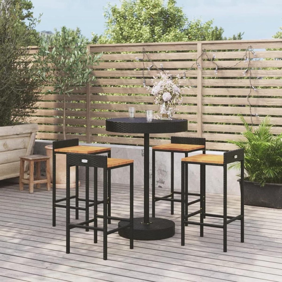 Tuin Barset - Terrasmeubel Buitenmeubel - Ontspannen buiten - Polyrotan en acaciahout - 5-delig - Zwart