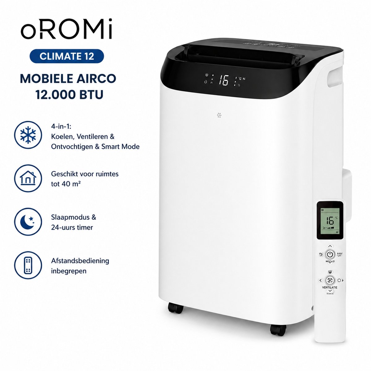 oROMI Climate 12 Mobiele Airco 12000 BTU – 4-in-1 Airconditioner – Koelen, Ventileren & Ontvochtigen – Tot 40 m² – Slaapmodus – Afstandsbediening – 24U Timer – Wit