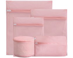 5-Delige set wasnetzakken met fijne was, gemaakt van polyester, verdikt, duurzaam, met ritssluiting, wasmachinebestendig, opbergzakken voor de was, reisopbergzakken om ondergoed, bh's - Roze