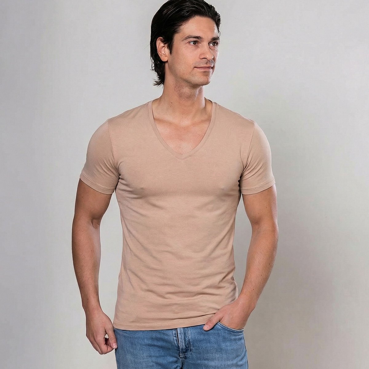 Alca Fashion - V-Shape - Heren T-Shirt Diepe V-Hals - Natural - XL