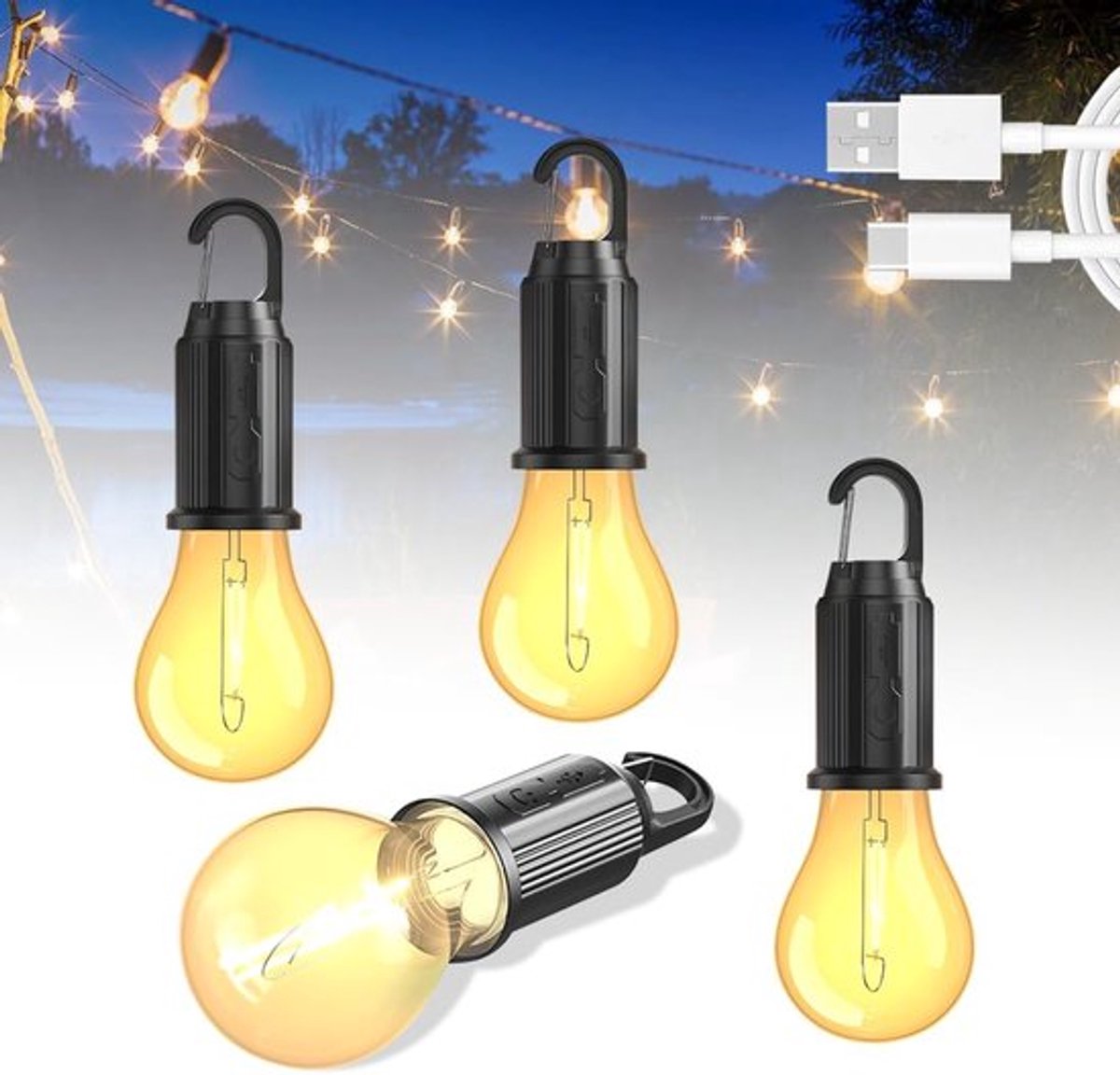 Thijox - Campinglamp Oplaadbaar LED, 4 Stuks, Waterdichte Draagbare Tentlamp met Karabijnhaak, Helderheid Instelbaar, 3 Lichtmodi voor Avontuur, Visse