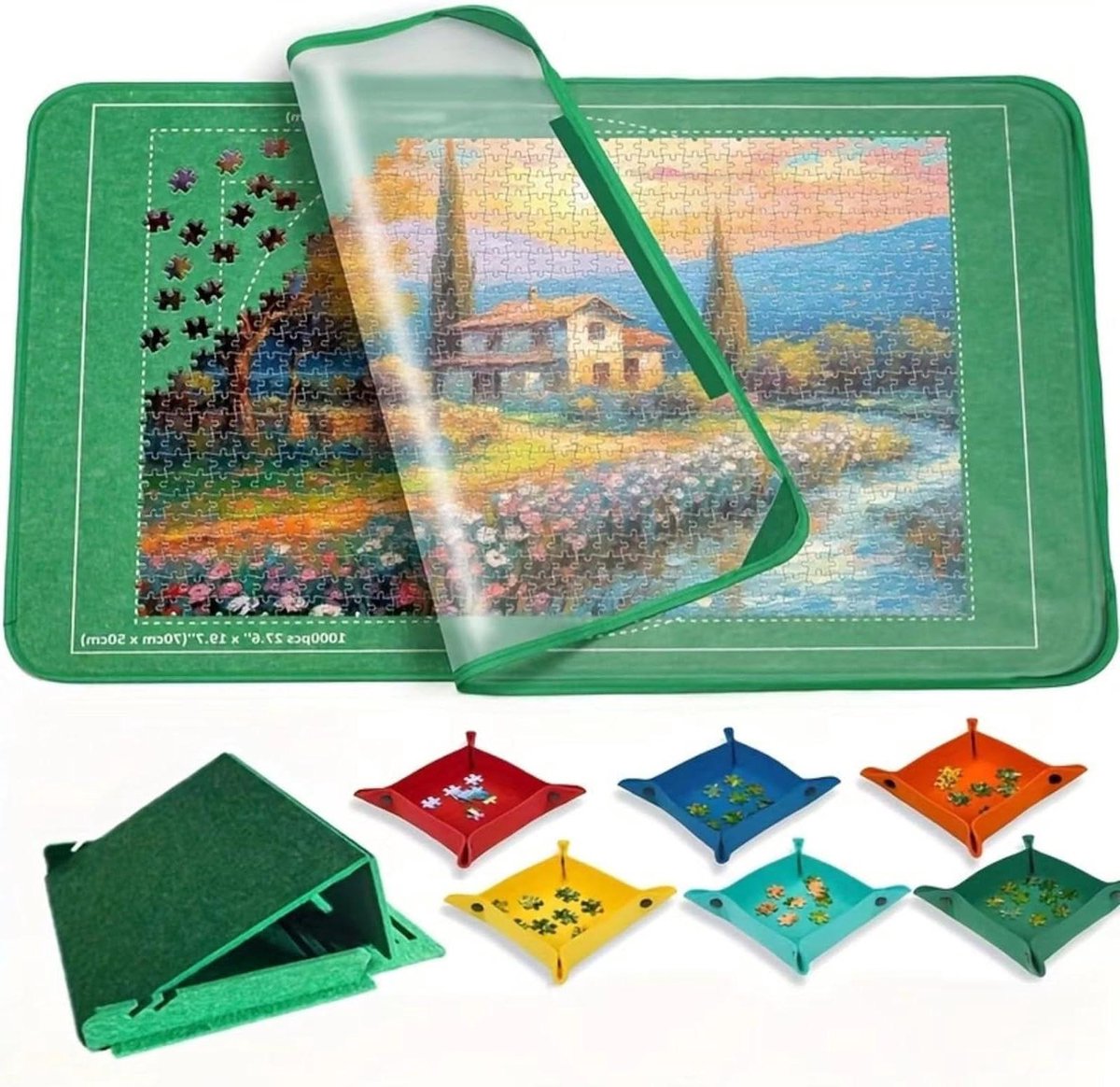 Puzzelbord Met Ladebakken - Puzzelmat Opbergrek - Puzzels Sorteren - Opvouwbaar Met Deksel - 56 x 81 cm - Groen