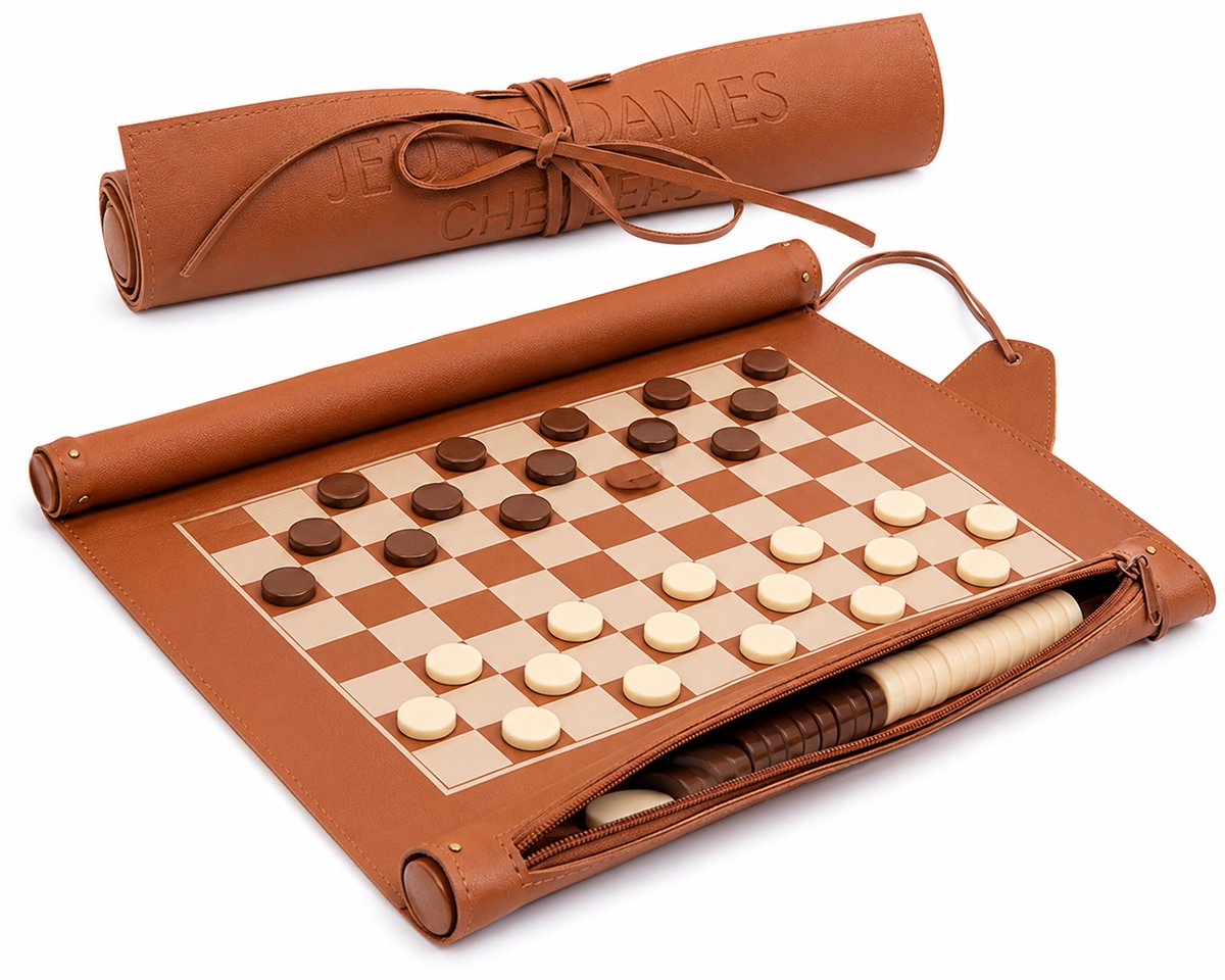 Damspel in Luxe Leren Reisuitvoering – Oprolbaar Dambord 36 x 26 cm – Cognac Bruin – Compleet Reisspel met Damstenen & Opbergvak – Draagbaar Bordspel voor 2 Spelers