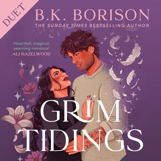 Couverture de livre avec un couple qui s'embrasse, avec des plumes et des fleurs en arrière-plan. Texte : 'Grim Tidings'.