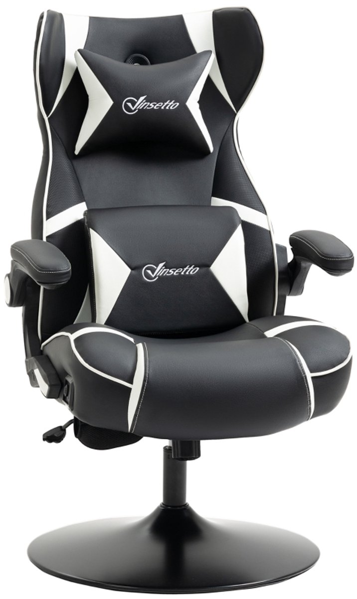 Gamingstoel 69×73×112-118 cm zwart-wit metaal gamestoel bureaustoel fauteuil computerstoel met hoofdsteun en lendenkussen in hoogte verstelbaar geschikt voor kantoor gameroom