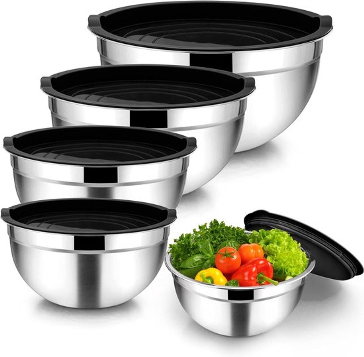 Mixkommen Set van 5 Stuks in Zwart RVS, Stapelbaar en Geschikt voor Salades, Inclusief Deksel, Vaatwasserbestendig, Ideaal voor Keuken en Bereiden van Maaltijden