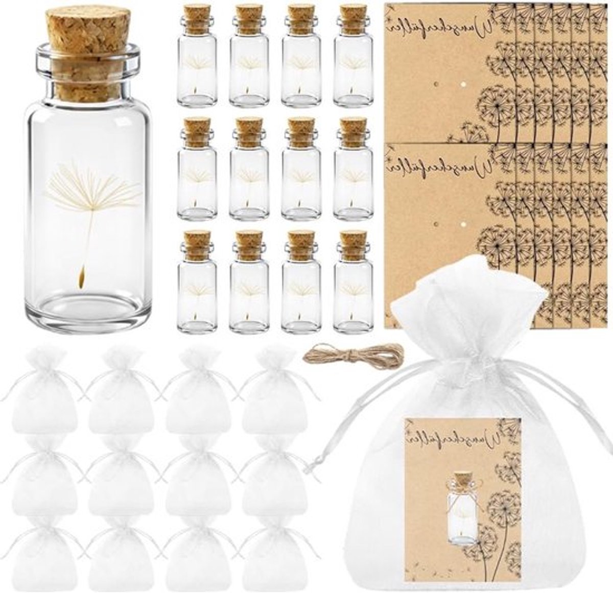 Set van 12 Gelukscharms met Paardenbloem in Helder Glas - Perfecte Bedankjes voor Bruiloft, Doop, Verjaardag en Bevestiging met Organza Tassen en Touw
