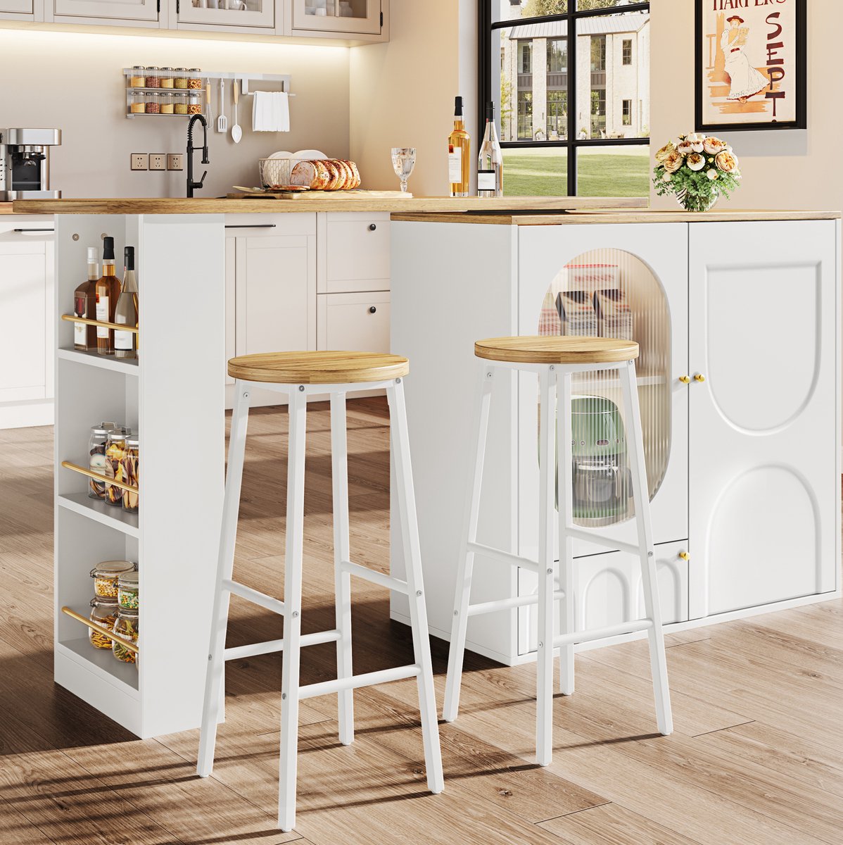 COVREO Barset 204x39x105 cm wit metaal, met opbergruimte en 2 barkrukken