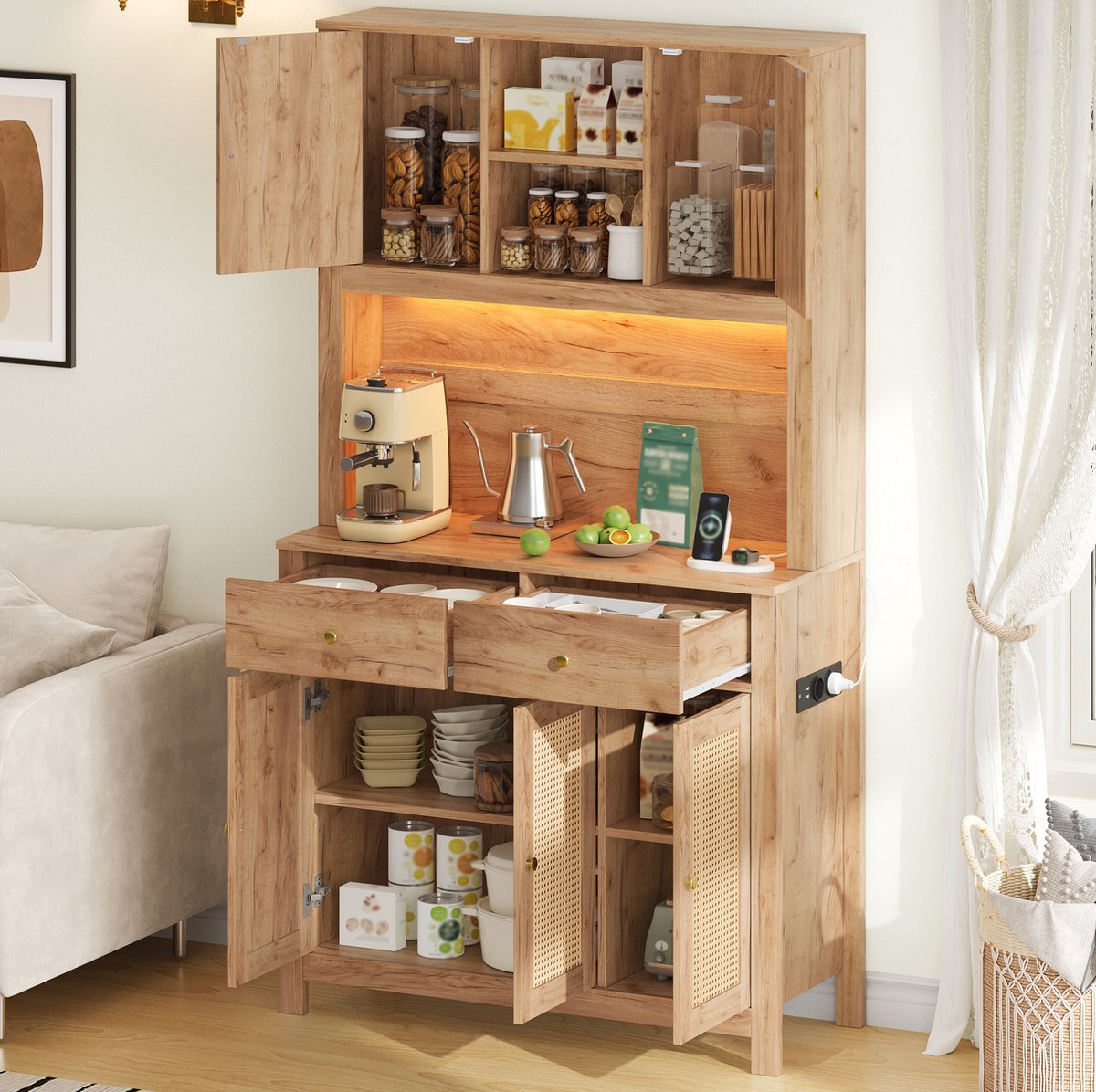 Wishdor Keukenkast - Hoge opbergkast - Ledverlichting - Stopcontacten en usb-aansluitingen - Rattan deuren - 2 laden - Mdf - 100 x 40 x 180 cm