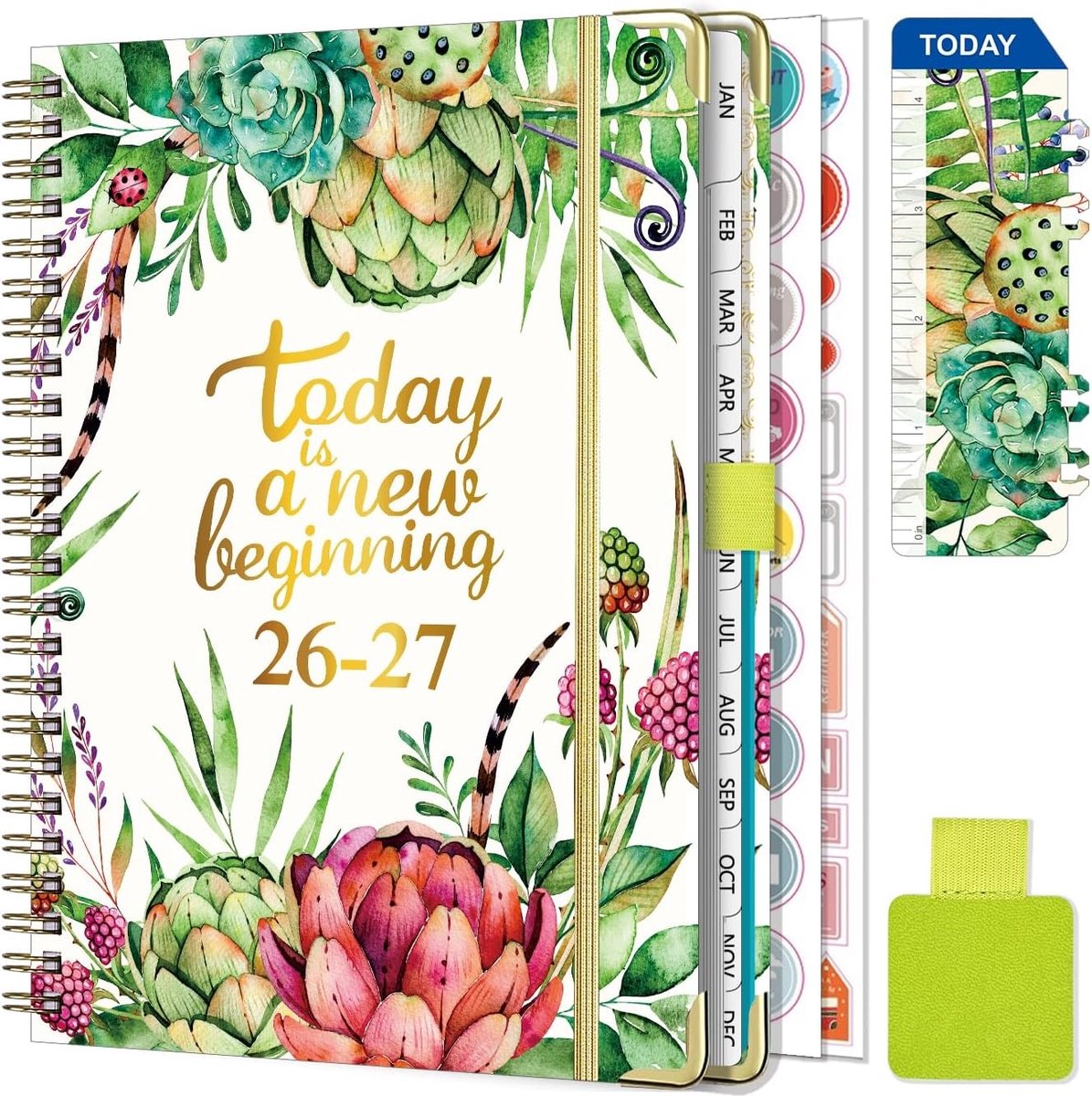 Lerarenagenda 2026-2027 - Lichtgroen - 21,7 x 15,8 x 1 cm - Spiraalgebonden A5 Weekplanner met Penring en Stickers - Voor Schooljaar