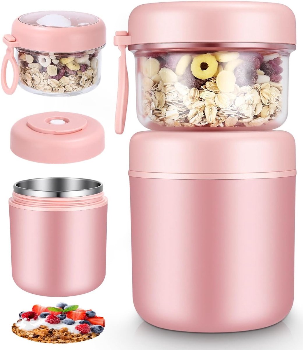 Yoghurt beker to go - Roze - 860 ml - Roestvrijstalen en kunststof dubbellaagse beker - Voor onderweg en dagelijks gebruik