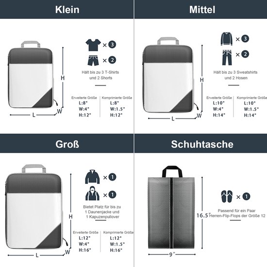 MODFU Compressiezakken voor Kleding - 4-delige Reis Set met 3 Cubes & 1 Schoenentas - Ruimtebesparend & Waterdicht - Oxford Stof - Grijs - 40x30x9 cm van Modfu — afbeelding 3