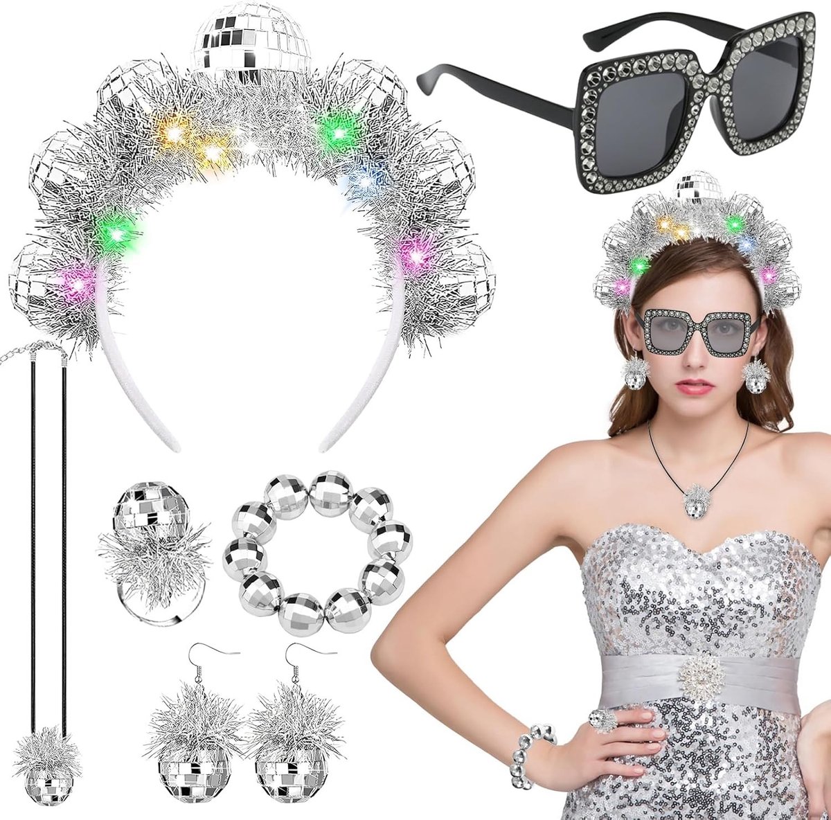 Disco kostuum voor vrouwen met 6 accessoires: haarband, oorbellen, ketting, armband, zonnebril en meer voor carnaval en feesten in 70s en 80s stijl