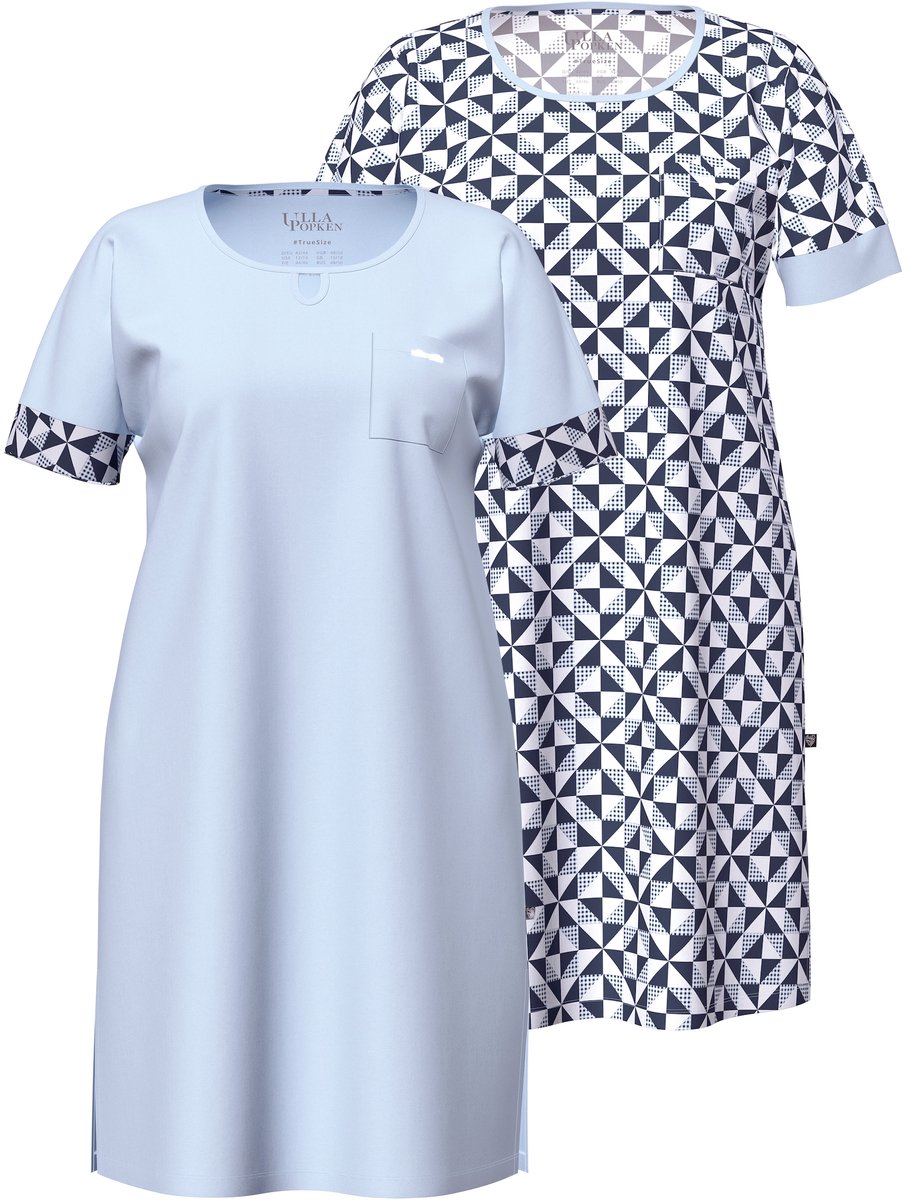 Ulla Popken - Dames - Bigshirts set van 2 ruit ronde hals korte mouw - Lichtblauw - Maat 54+