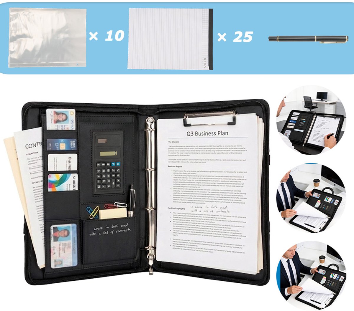 Multifunctionele A4-Organizer Met Ingebouwde Rekenmachine En Pen - Waterdicht PU-Leer 10 Documentvakken 9 Kaartsleuven - Perfecte Map Voor School En Vergaderingen