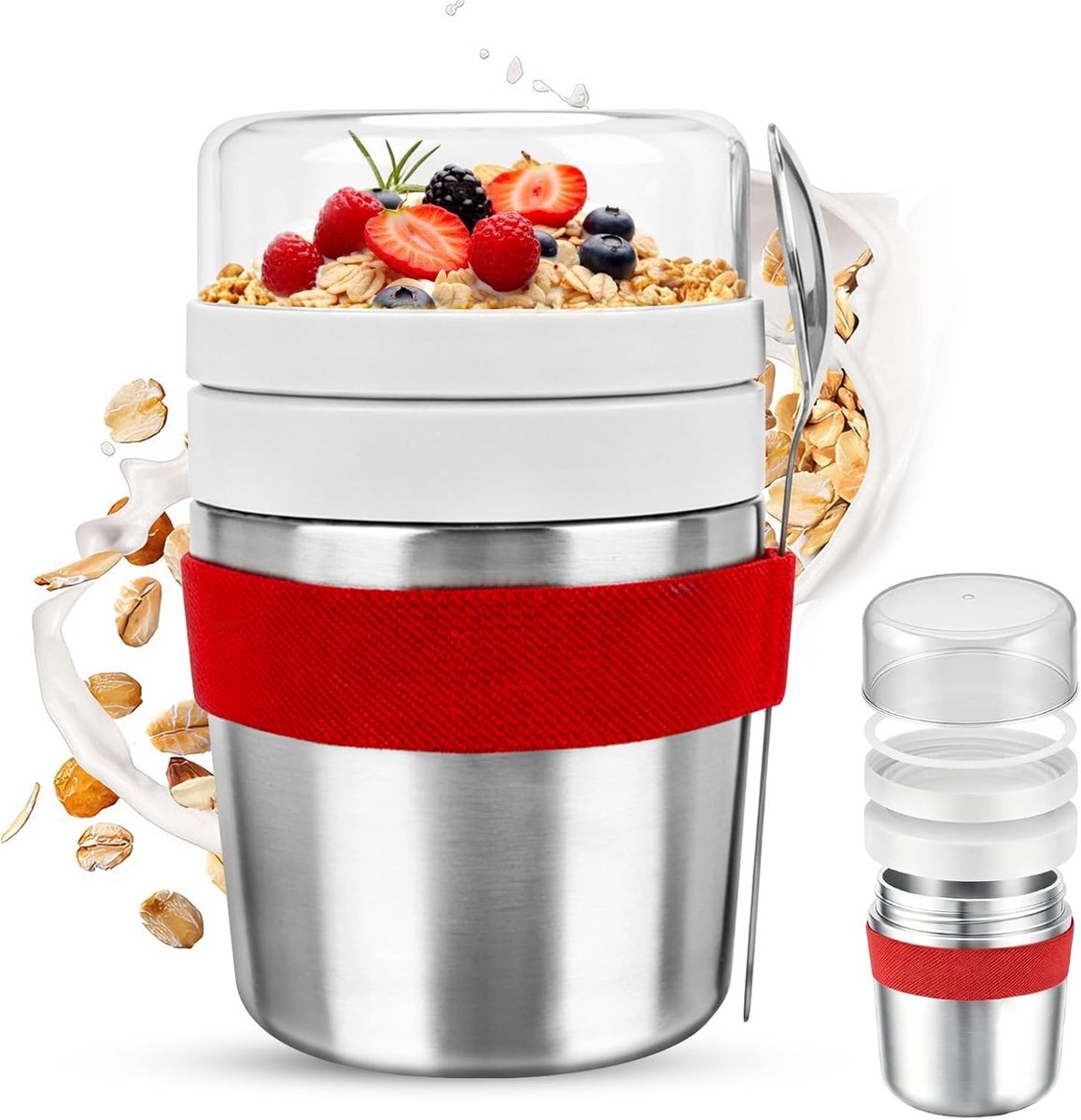 Yoghurt beker to go - Zilver - 720 ml - Roestvrijstalen Muesli- en Ontbijtbeker - Voor Kinderen en Onderweg