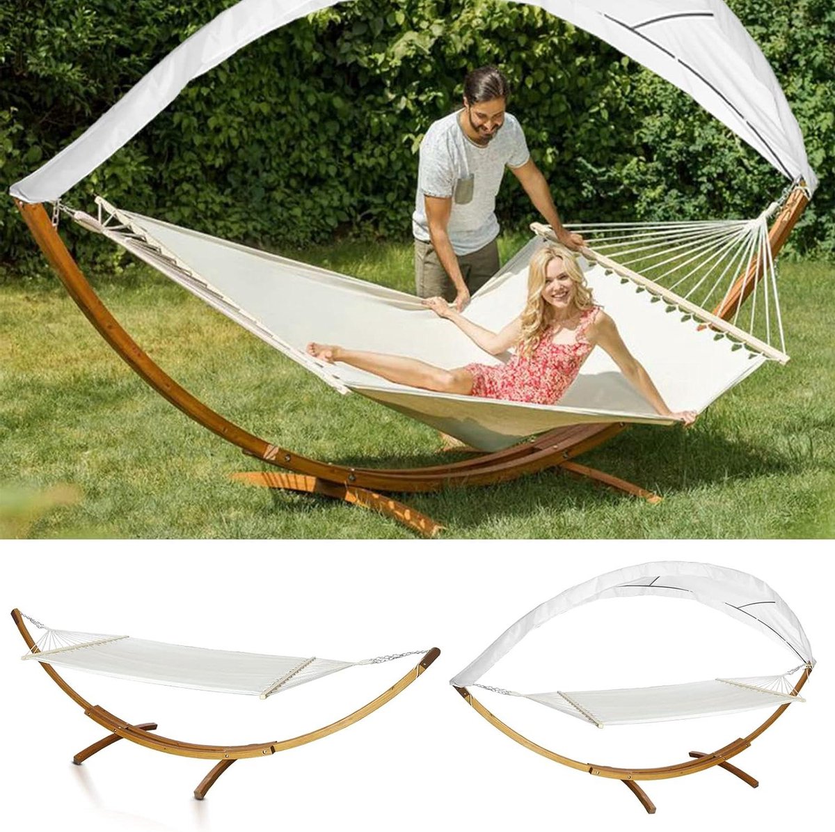 Hangmat met frame - Dubbele hangmat - Buiten ontspannen - Afneembaar zonnezeil - 200 x 150 cm - Natuurlijk Hout