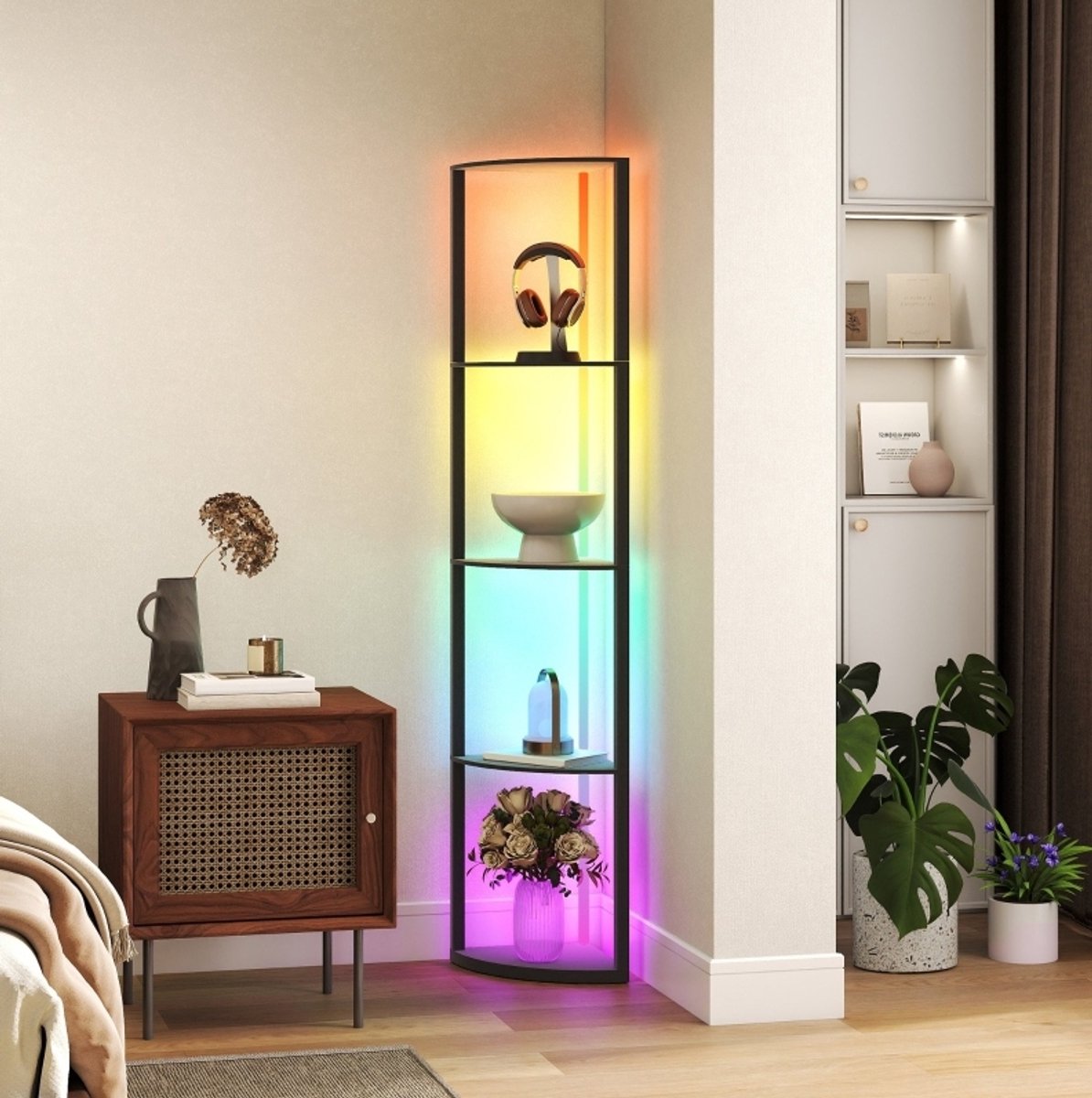 COVREO Staande lamp 42 x 29,5 x 163 cm zwart MDF, met rek en RGB verlichting