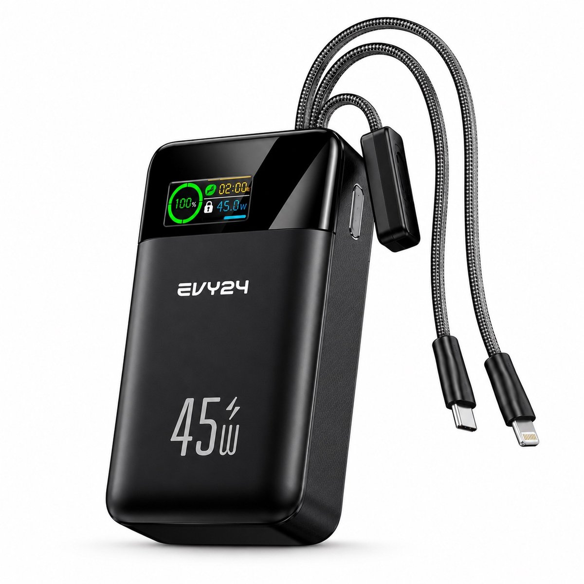 Evy24 Powerbank 30000 mAh - 45W USB-C PD Snellader - Powerbank voor Laptop, iPad & Telefoon - Ingebouwde USB-C & Lightning Kabels - Compact & Licht - LED Display