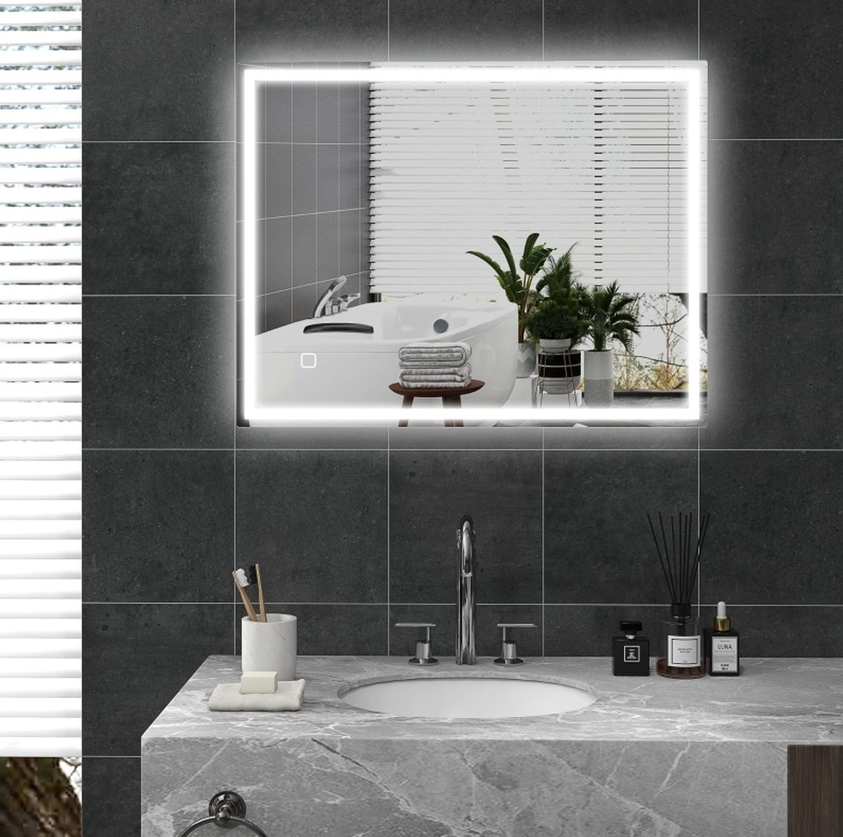 COVREO Badspiegel 90x70 cm silver glas, LED verlichting met touch bediening