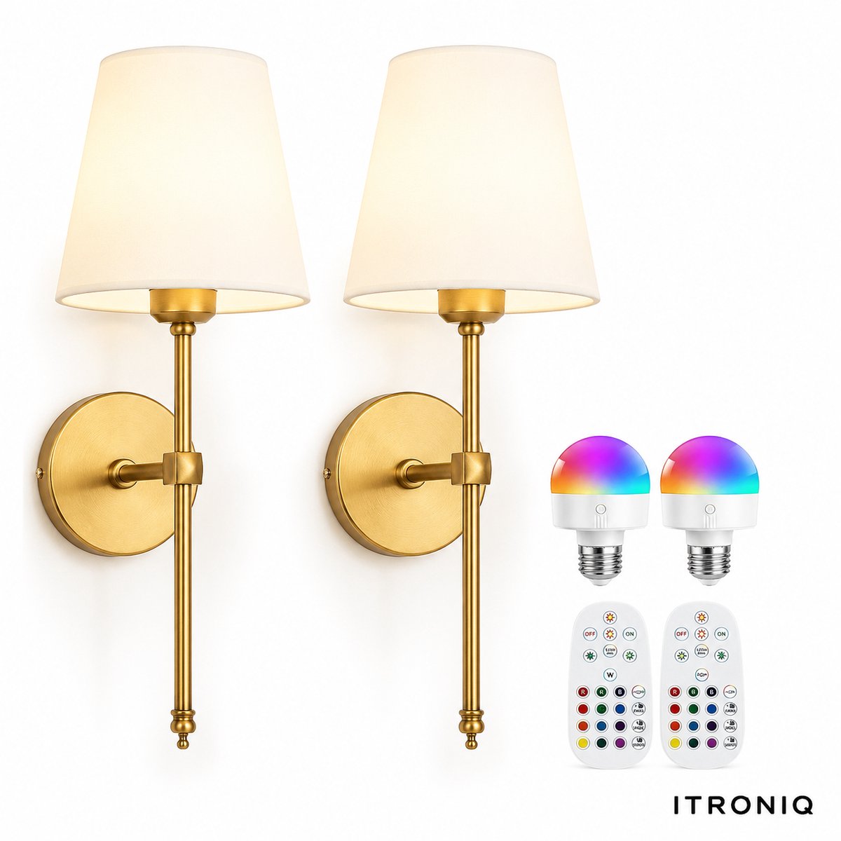 ITRONIQ Draadloze Wandlamp Set van 2 - Oplaadbare LED Wandlamp - RGB - Dimbaar - Sfeervol - Decoratief - Afstandsbediening - Goud