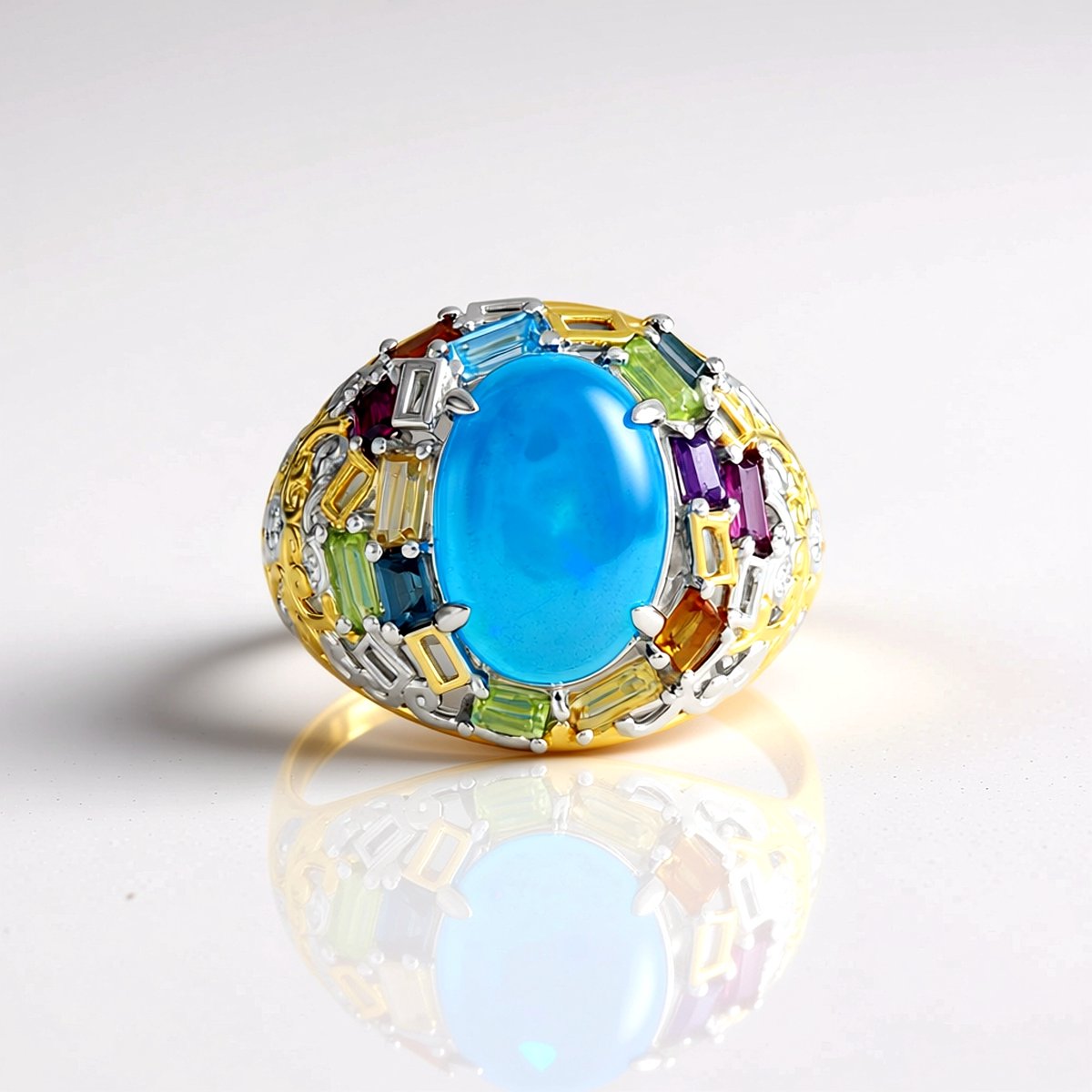 Cavill - Paraiba Opaal Ring - 925 Sterling Zilver met Palladium - 3,96 ct Paraiba Opaal - 6,26 ct kleurrijke edelstenen - Elegante Ovale Damesring