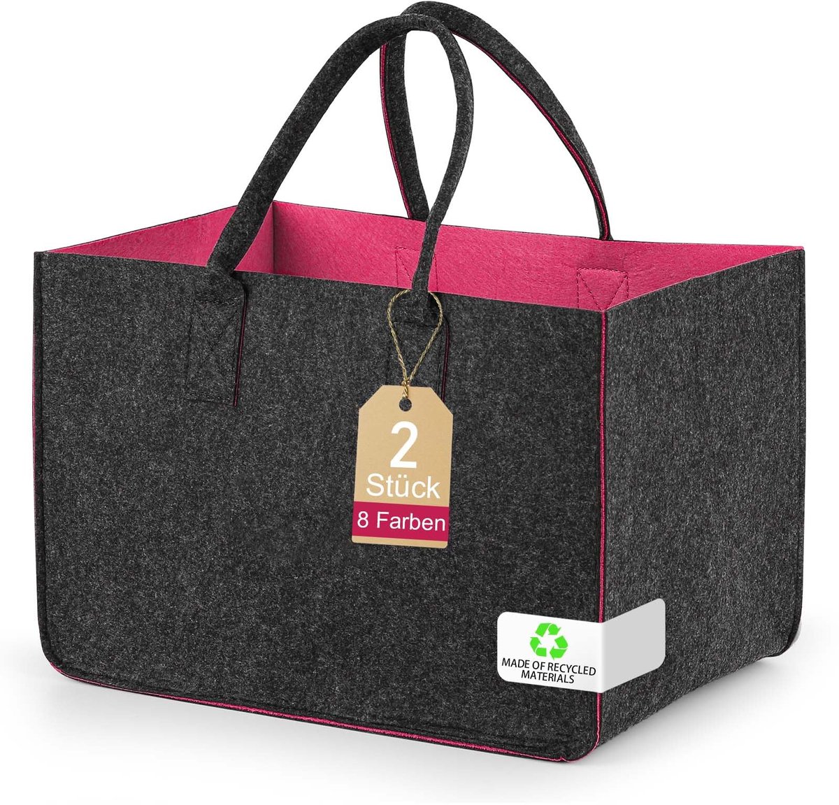 Boodschappenmand donkergrijs - vilten tas met handvat - 2 stuks - ideaal voor winkelen of outdoor trips - ShopVlot