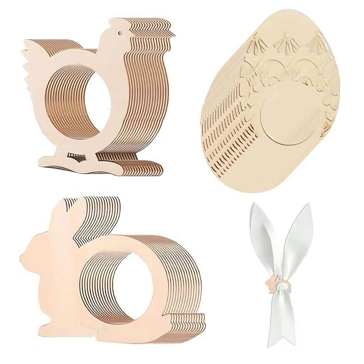 Houten servetringen - Luxe 30 stuks - 3 ontwerpen: Paashaas, Paaskuiken, Paasei - Feestelijke tafeldecoratie - ShopVlot