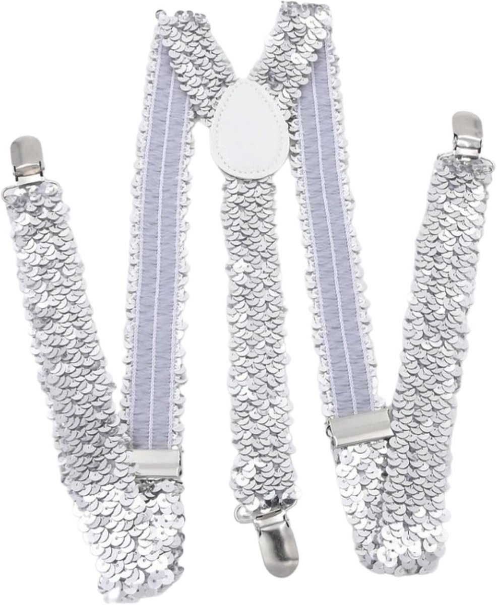 Unisex Sequin Suspenders met Elastische Y-Back en Sterke Clips voor Kostuumaccessoires - Zilverkleurig