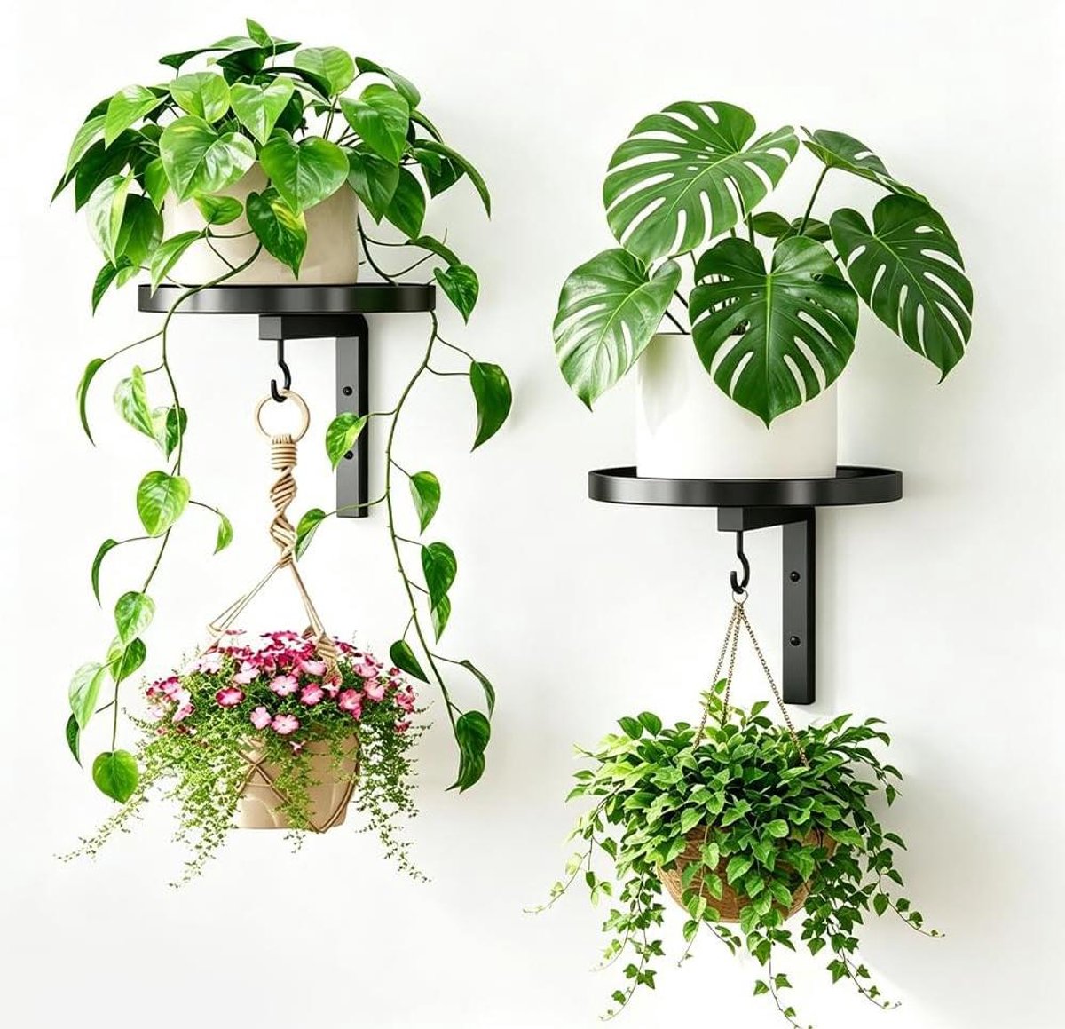 Plantenstandaard Set - Bloemenrek Muur - Planten Presenteren - Stabiele Metalen Constructie - Set van 2 - Zwart