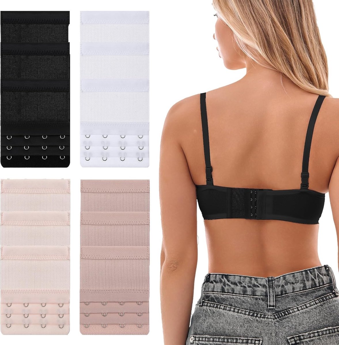 Pack van 12 Bh-extenders met 3 rijen en 4 haken, rekbare en comfortabele bh-verlengstukken voor dames in zwart, wit, huidkleur en abrikoos