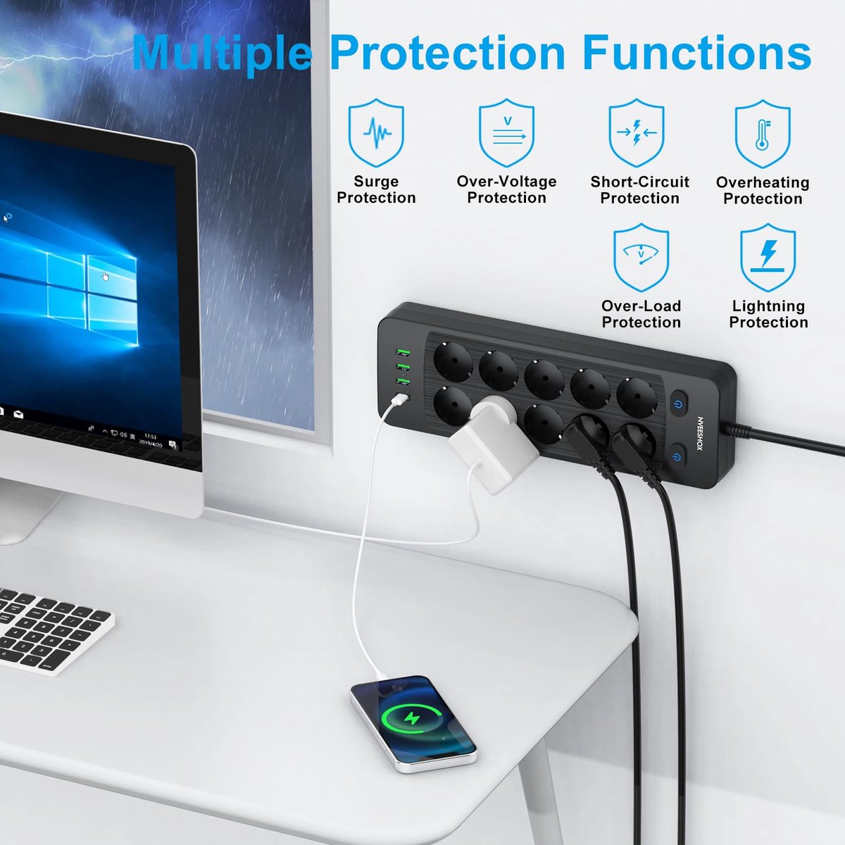 Stekkerdoos 10-voudig - 5 m kabel - met USB C 20 W - ideaal voor thuis of op kantoor - ShopVlot