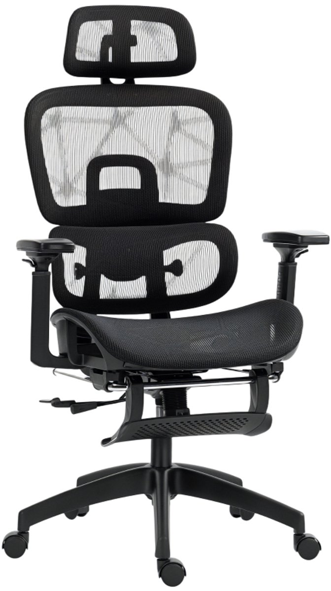 Ergonomische Bureaustoel 66x64x114-122 cm Zwart, Bureaustoel Met Hoofdsteun, Armleuningen, Lendensteun En Voetensteun, Verstelbare Draaistoel, Kantelbare Rugleuning, 360° Draaibaar, Bureaustoel Voor Kantoor En Thuiswerk