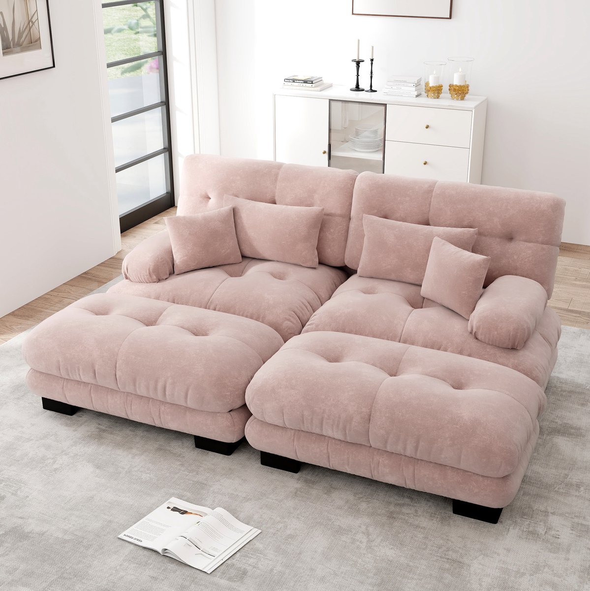 MODENUIT Hoekbank 220 x 145 x 81 cm - Modulair Met 2 Lendenkussens, 2 Sierkussens En 2 Poefs - Stof - Roze
