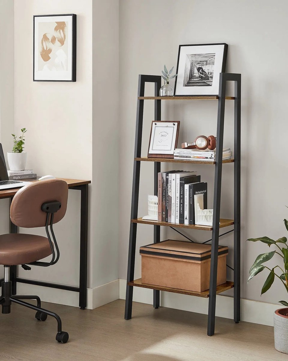 uJOY Kast - Industriële Ladderkast met 4 Planken - Vintage Bruin/Zwart - X-vormige versteviging - Extra opbergruimte in huis