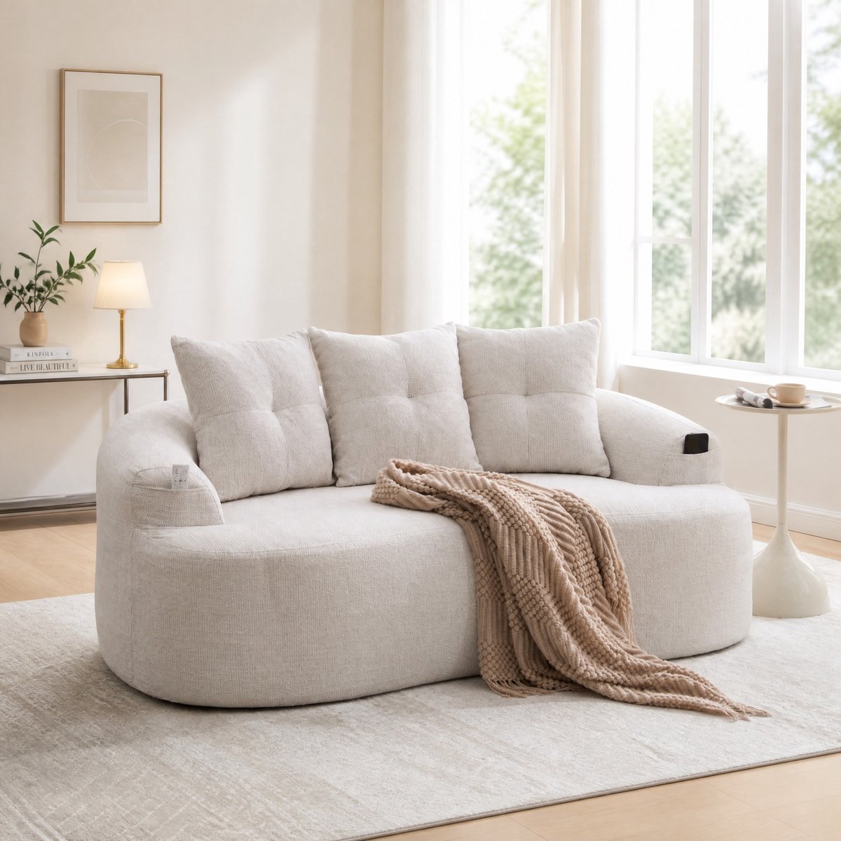 DESMIU Bank 2 Zits - Gebogen Design Met Zachte Chenille Kussens En 3 Sierkussens - Voor Woonkamer En Lounge - Chenille - Beige