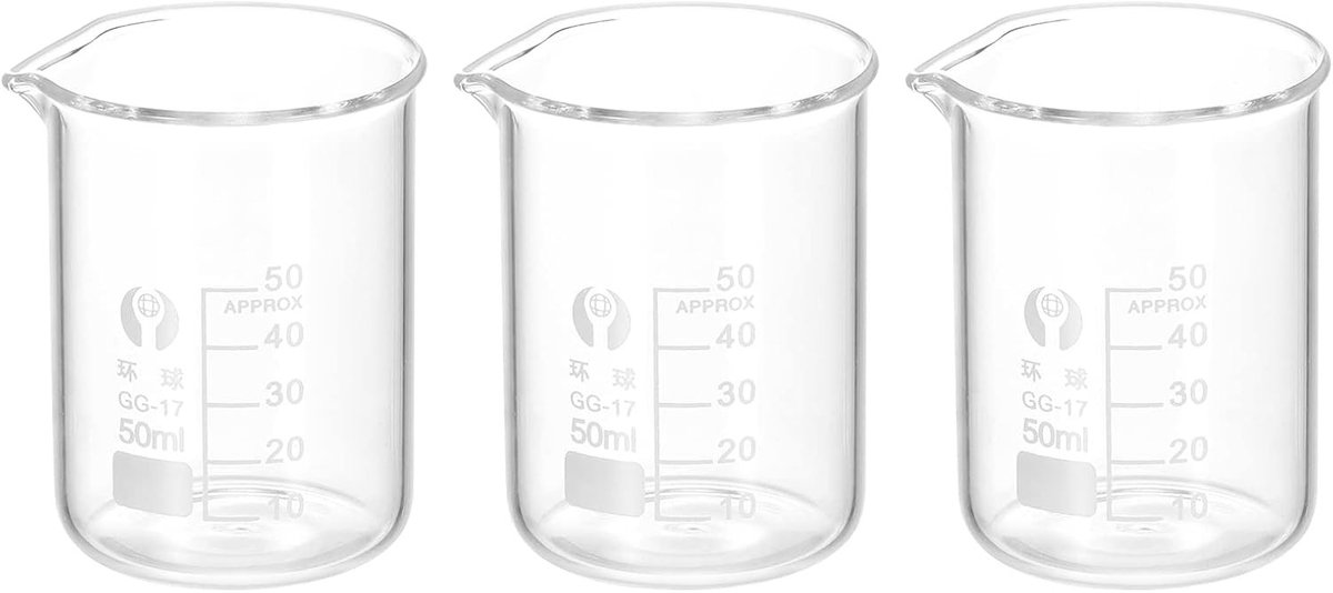 Set van 3 Stuks 50ml Lage Glazen Mokken van Borosilicaatglas met Schaalverdeling en Tuit voor Keuken en Laboratoriumgebruik, Perfect voor Vloeistoffen