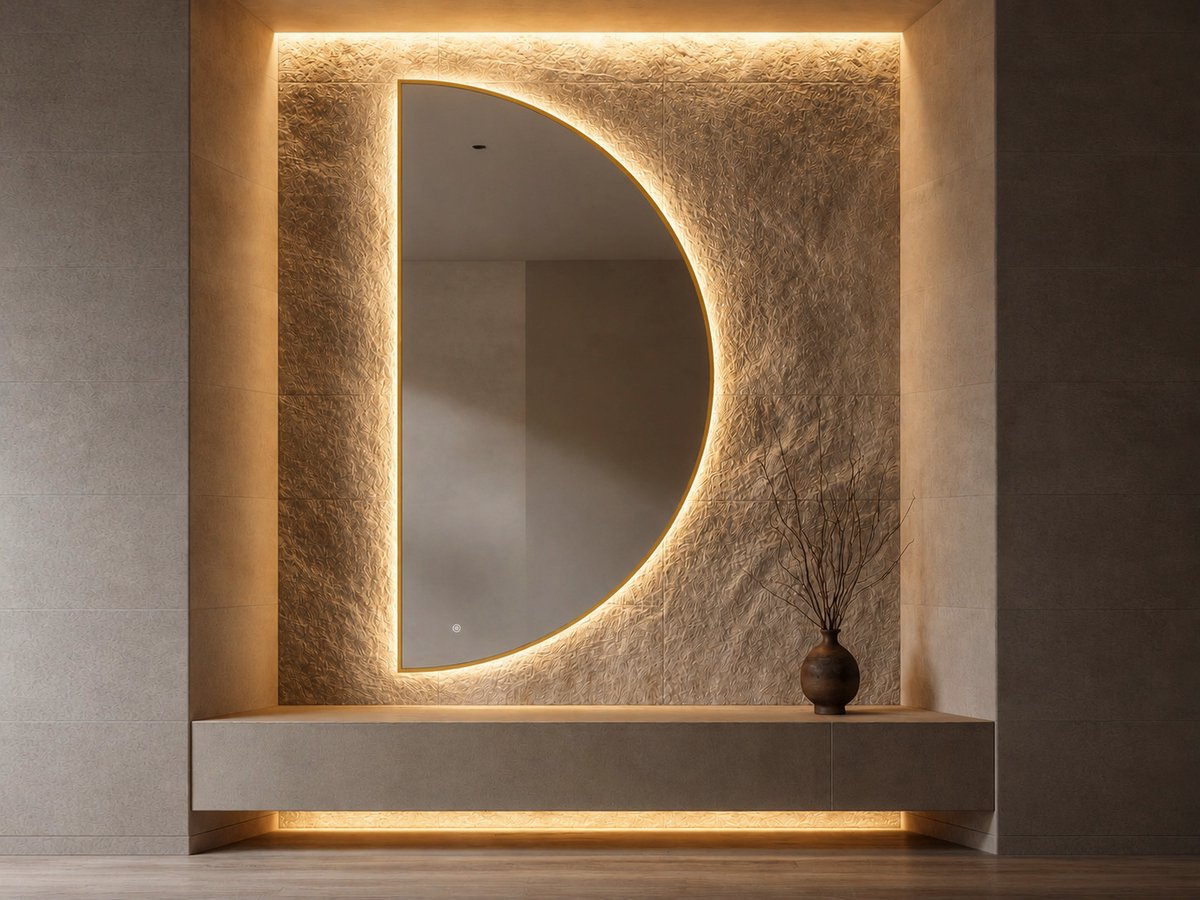 Mawialux Halve Maan LED Spiegel - Geborsteld Goud - Halfrond Rechts - 100x200cm - Decoratieve Spiegel - Woonkamer Spiegel - Gang Spiegel - Slaapkamer Spiegel - Entree Spiegel - Jazz