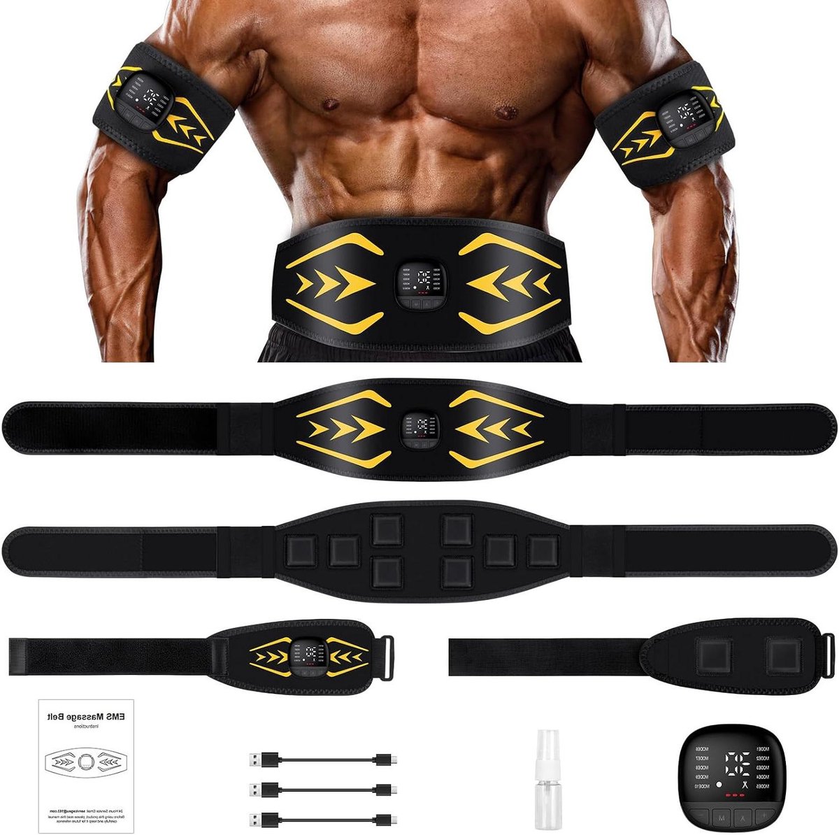 EMS Buikspiertrainer - Elektrische Stimulator - Spier Training - 10 Modi 30 Niveaus - 120 cm Lengte - Zwart