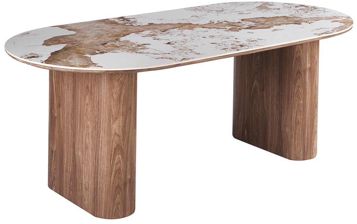 Rousseau Eettafel Evora 210 x 100 cm – Glanzende Marmer Look – Walnoot Look – Ovaal bruin
