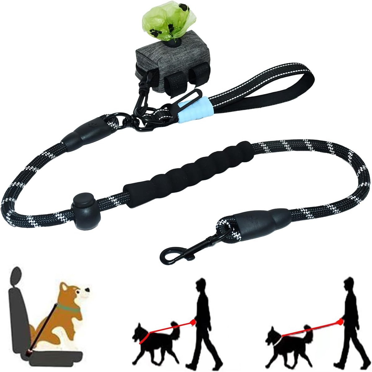 3-in-1 Zware Hondenriem 1.2m Zwart M/L - ShopVlot