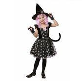 Joya Kids® Heks Katten Verkleedpak Meisje | Kat Heksenjurk Kind | Halloween Kostuum Meisjes | Heks Kostuum met Hoed, Kattenstaart & Handschoenen | Verkleedjurk | Maat S