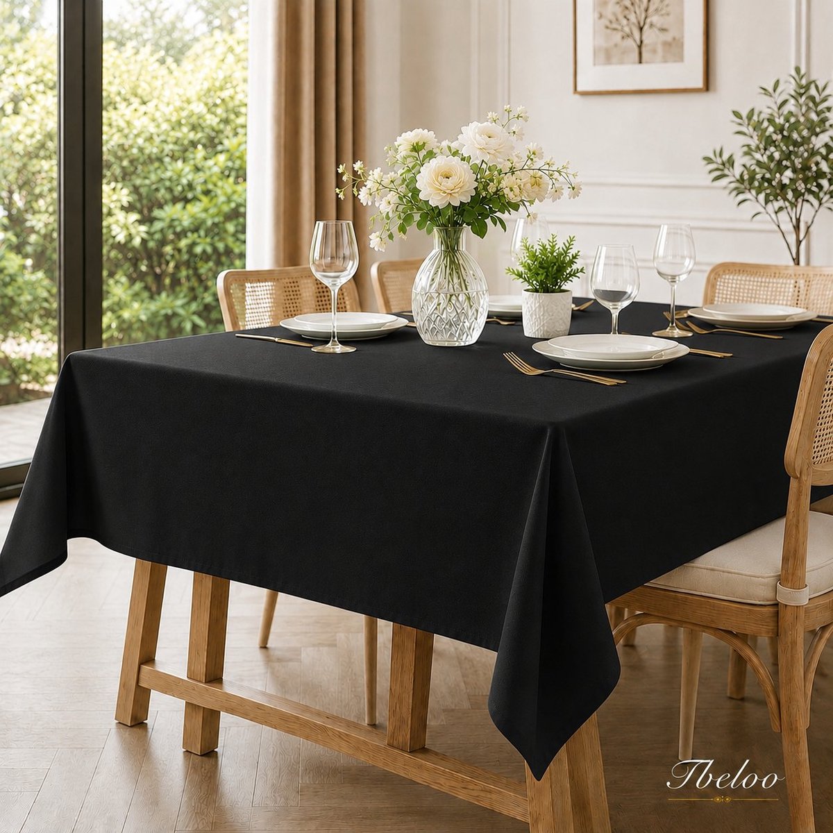Tbeloo Zwart tafelkleed 140 x 280 cm - waterdicht, vlekbestendig, afwasbaar polyester tafellinnen voor binnen en buiten